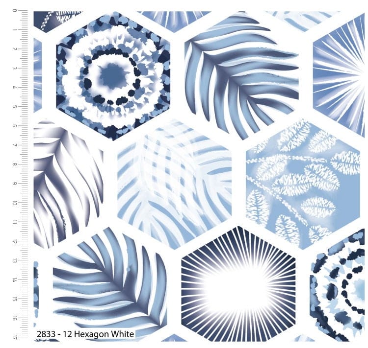 Fabric Hexagons white blue tie dye cotton fabric - 'Indigo Elements' Stuart Hillard