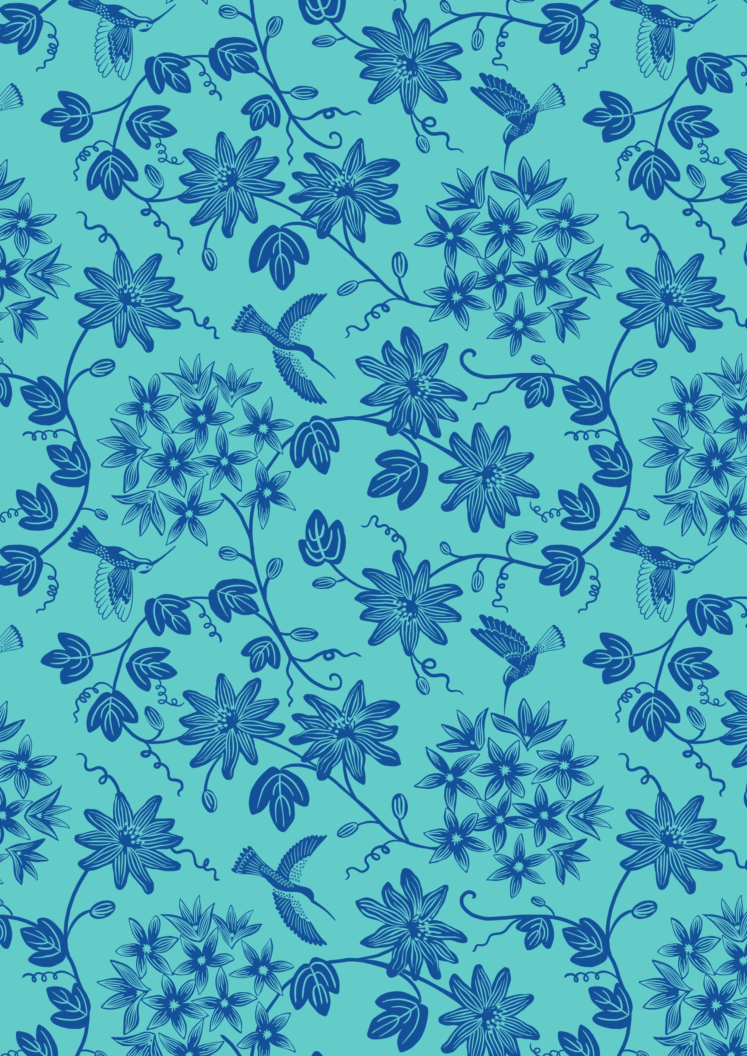 Fabric Hibiscus Hummingbird on mono blue cotton - Lewis & Irene