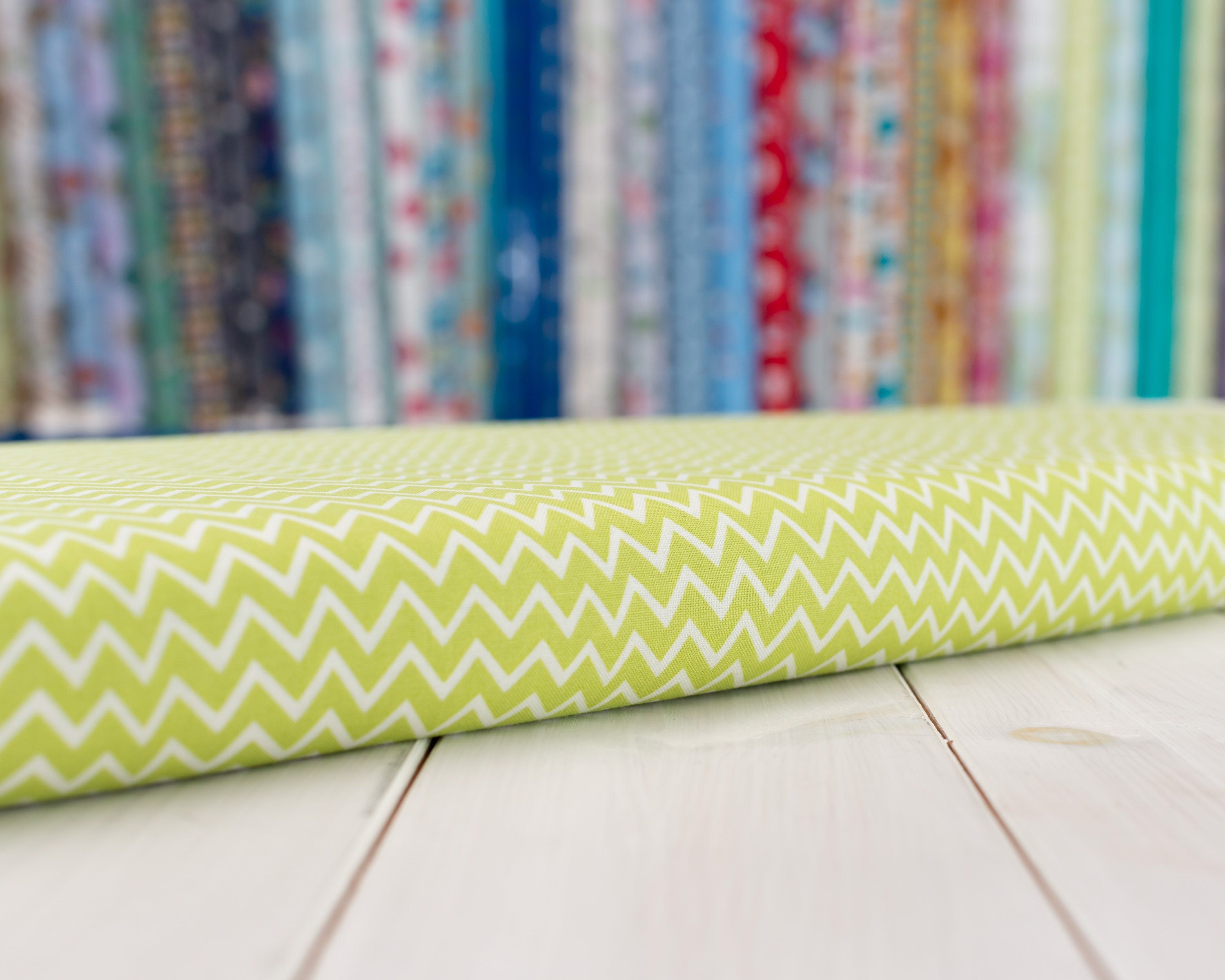 Lime green and white chevron cotton fabric - Craft Cotton Co