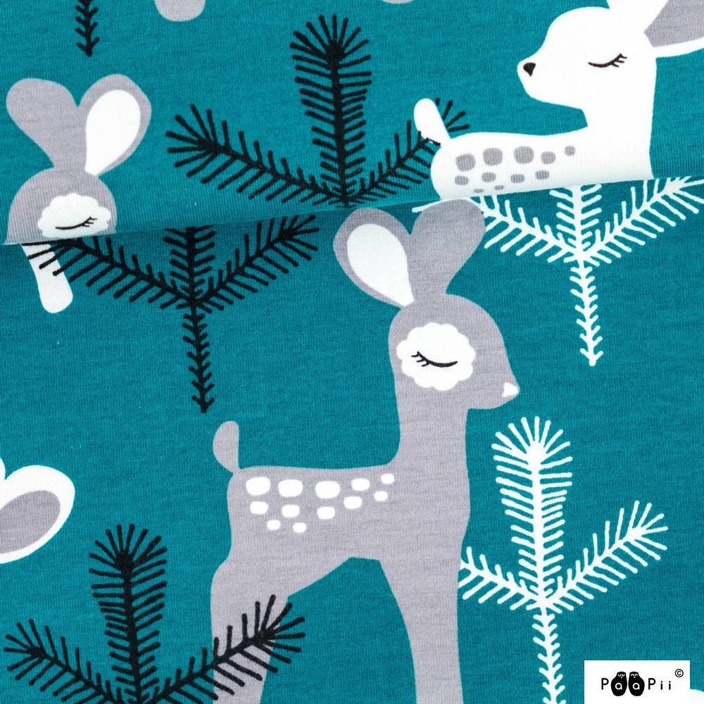 Baby deer in the forest on petrol blue organic cotton jersey - Paapii Design