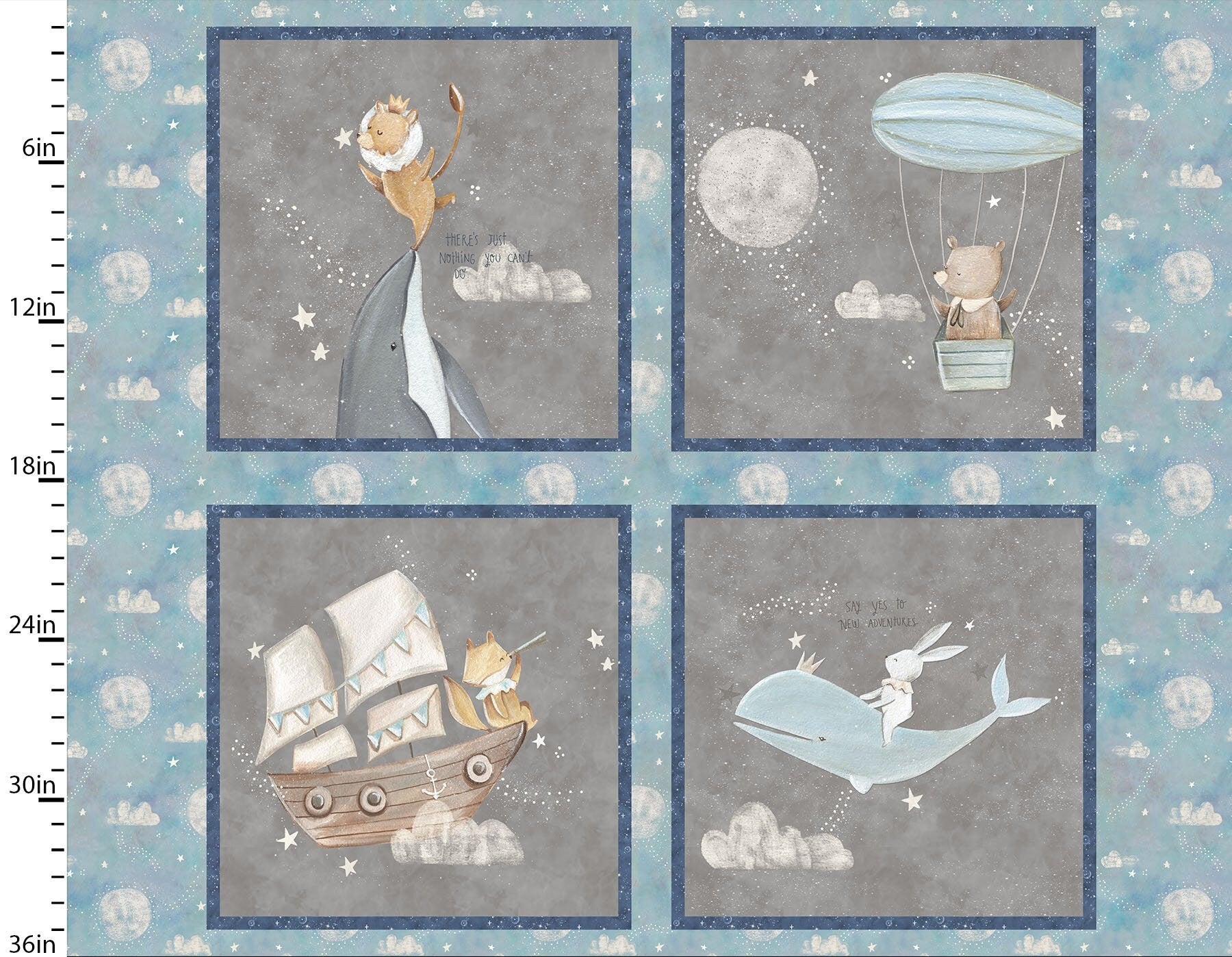 Blue and grey nursery cushion panel, 4 panels with a whale, hot air balloon a ship and a dolphin - Adventures in the sky by 3 Wishes