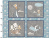 Blue and grey nursery cushion panel, 4 panels with a whale, hot air balloon a ship and a dolphin - Adventures in the sky by 3 Wishes