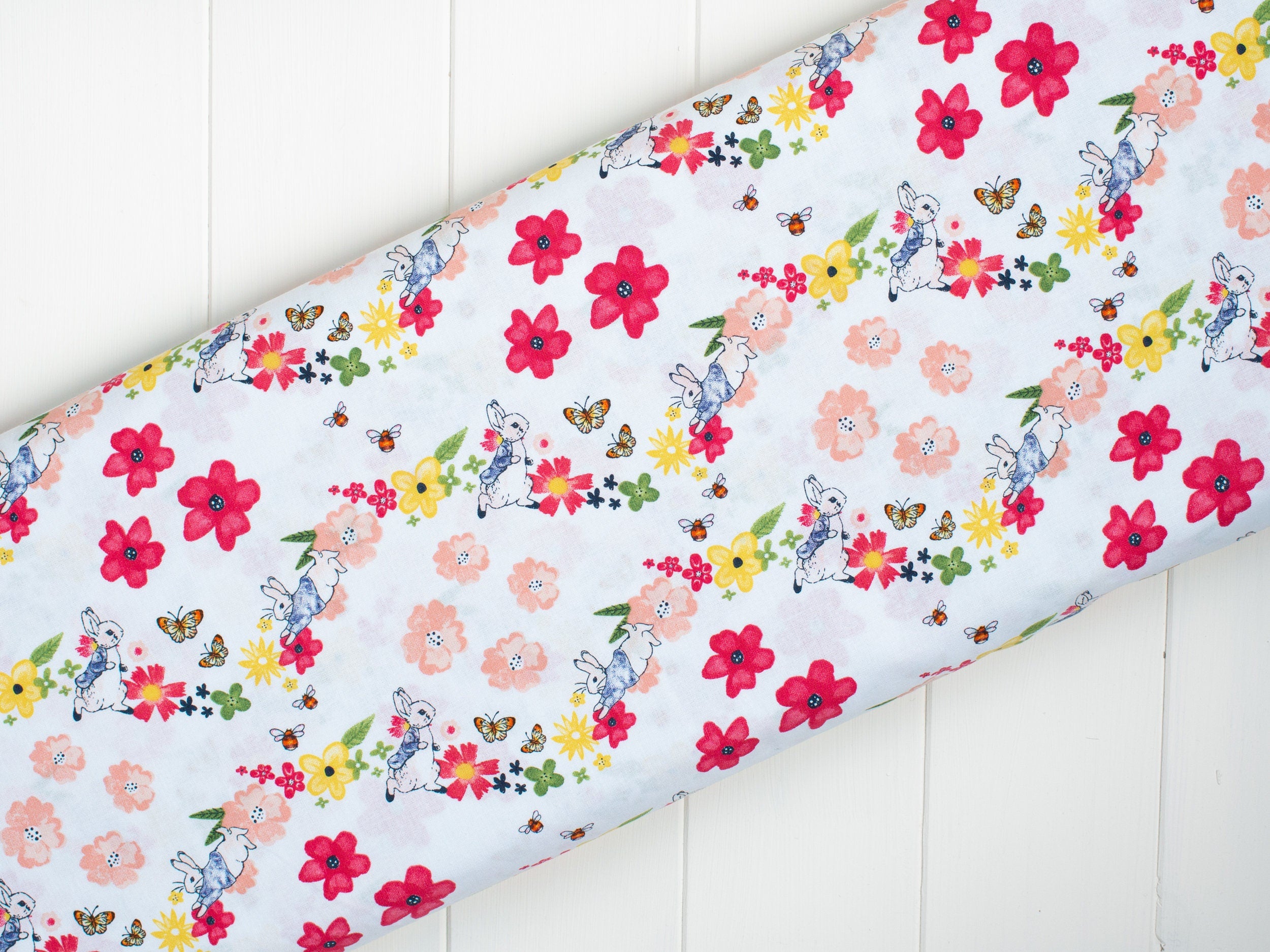 Peter Rabbit spring floral white cotton fabric  - 'Flowers and Dreams' CraftCottonCo