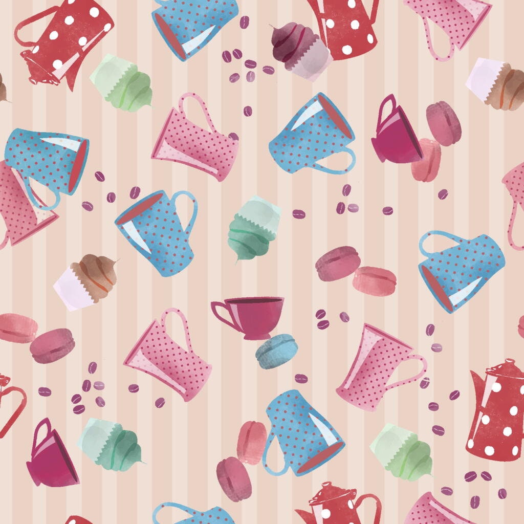Coffee cups and cupcakes on pink striped cotton fabric by Fabric Editions