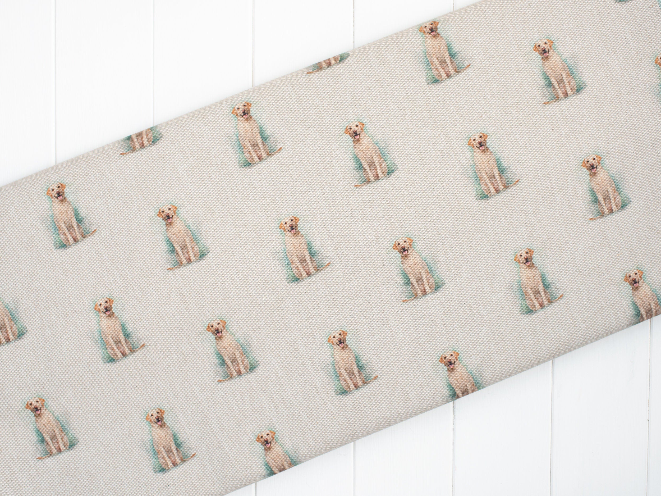 Digitally printed labrador dog on a cotton rich linen look wide fabric 