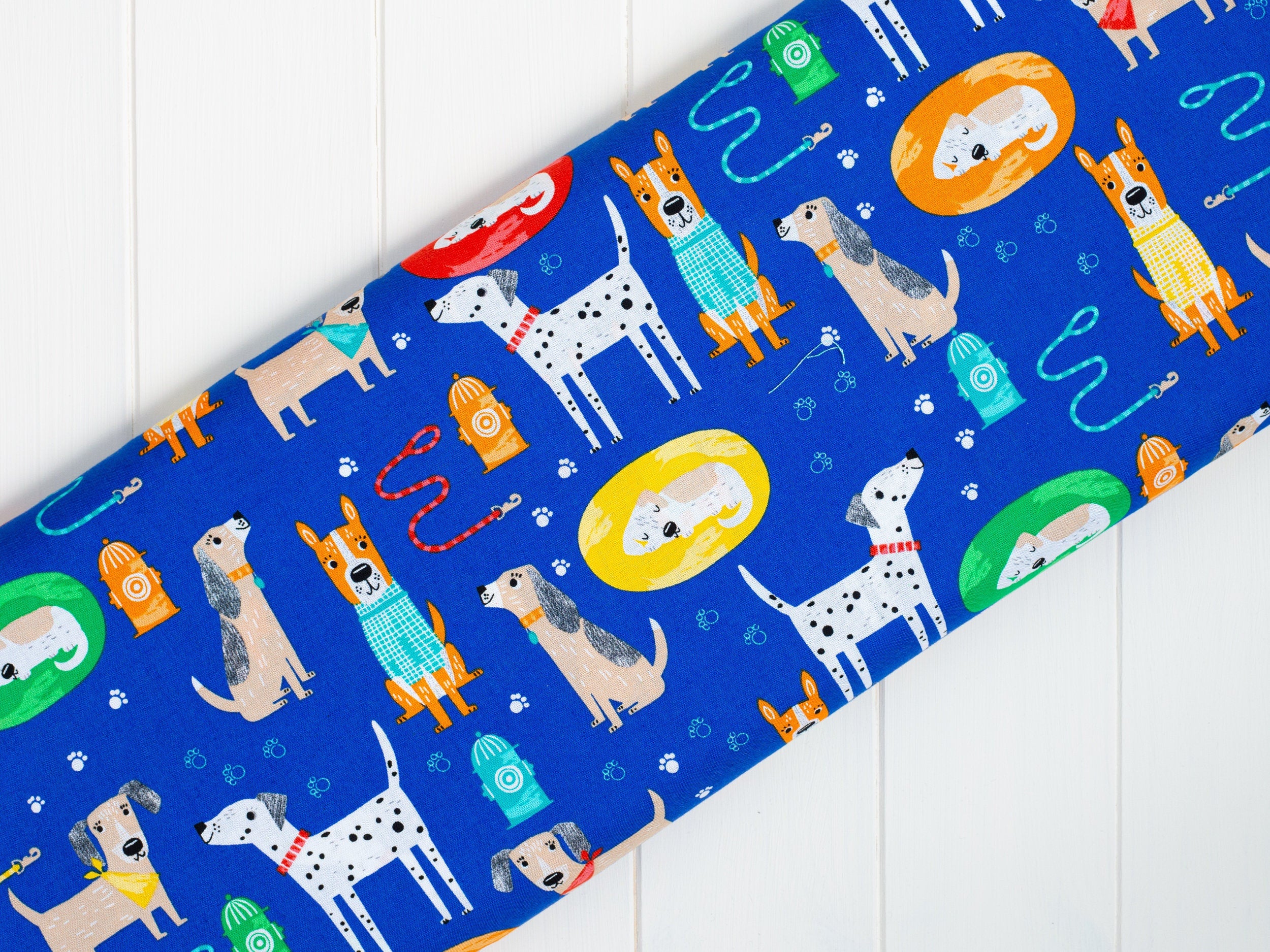 Puppy Dog Best Friends on Bright Blue Cotton Fabric - Fabric Editions