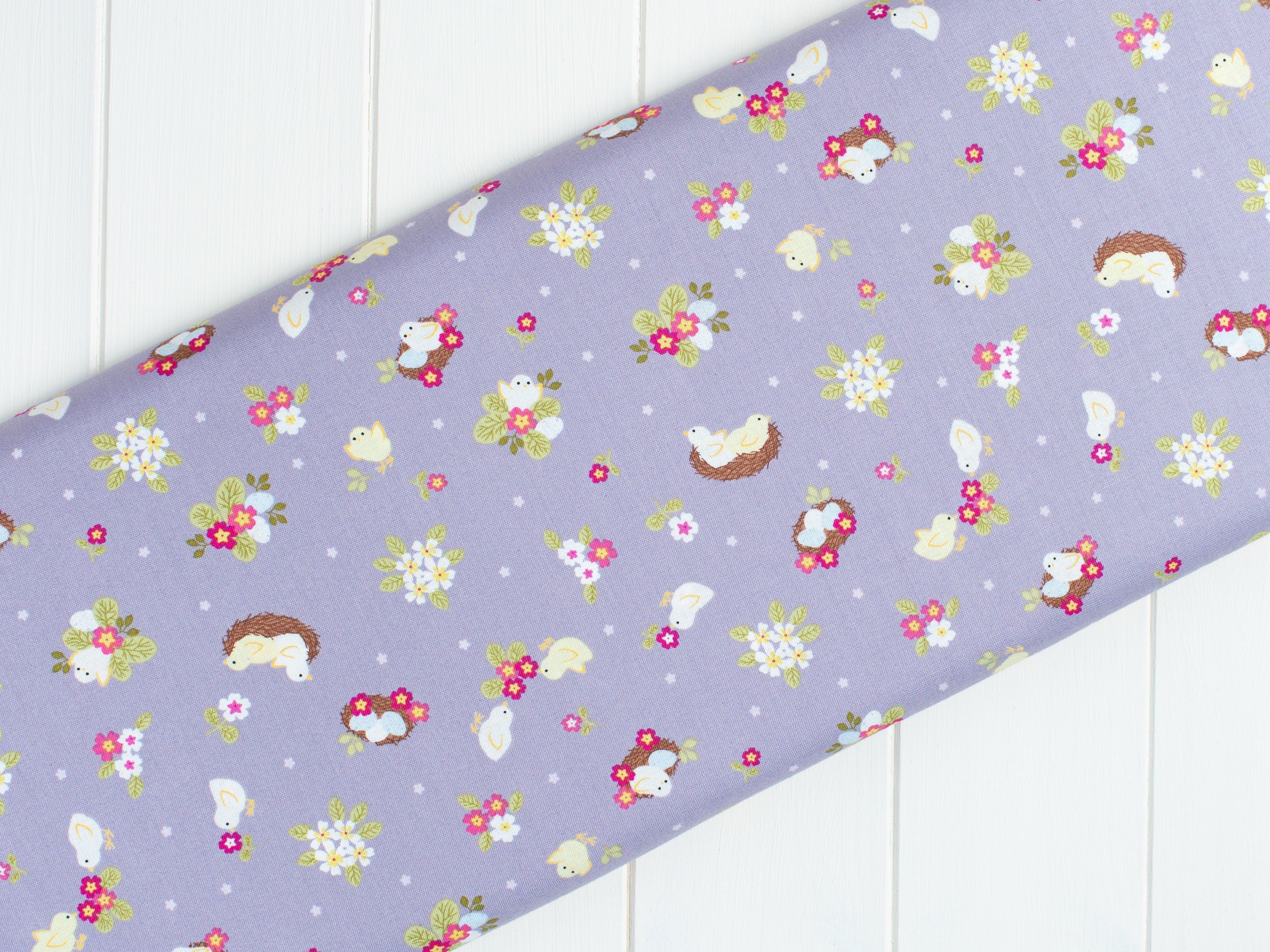 Chicks Nests Eggs and Floral Grey/Purple quilting cotton fabric - Bunny Hop by Lewis & Irene