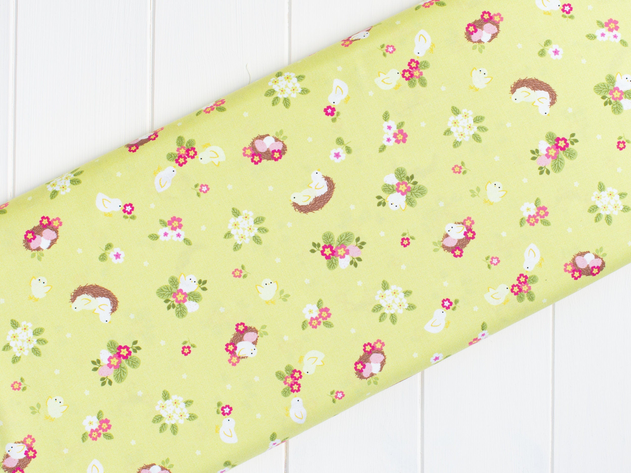 Chicks Nests Eggs and Floral Yellow quilting cotton fabric - Bunny Hop by Lewis & Irene