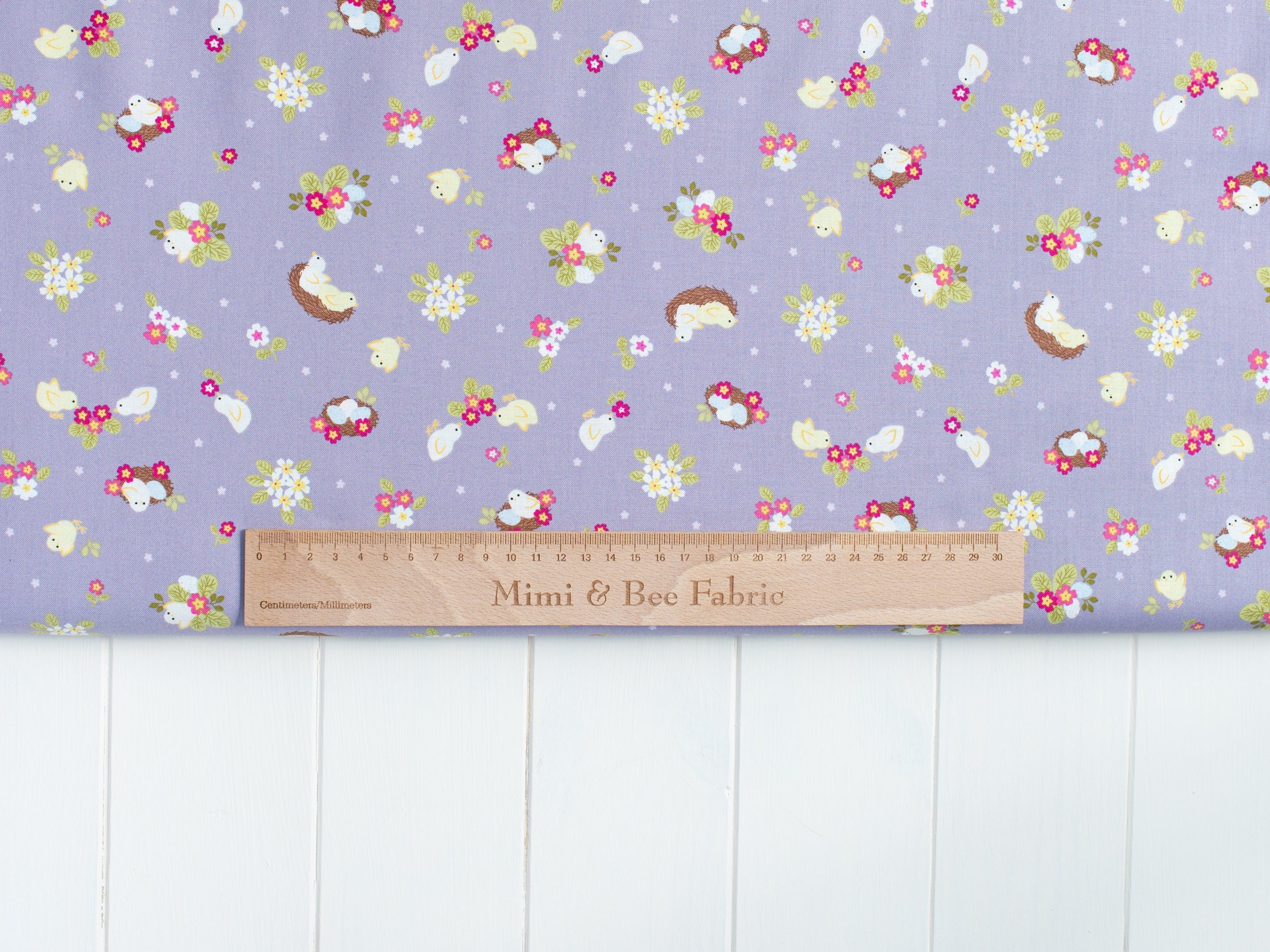 Chicks Nests Eggs and Floral Grey/Purple quilting cotton fabric - Bunny Hop by Lewis & Irene