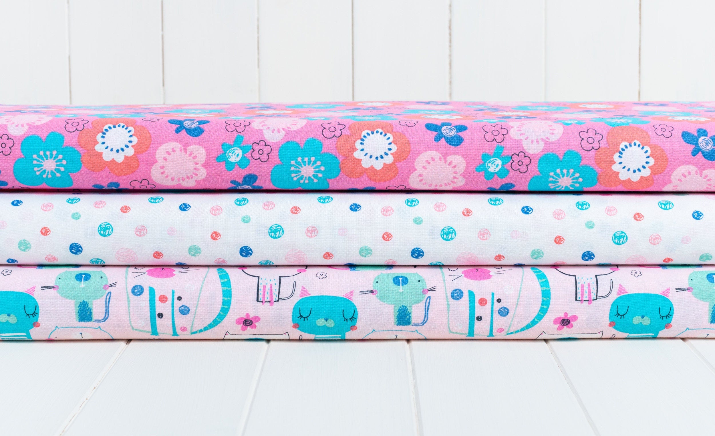 Bright pink and blue floral 100% cotton fabric - 'Furry Friends' Fabric Editions