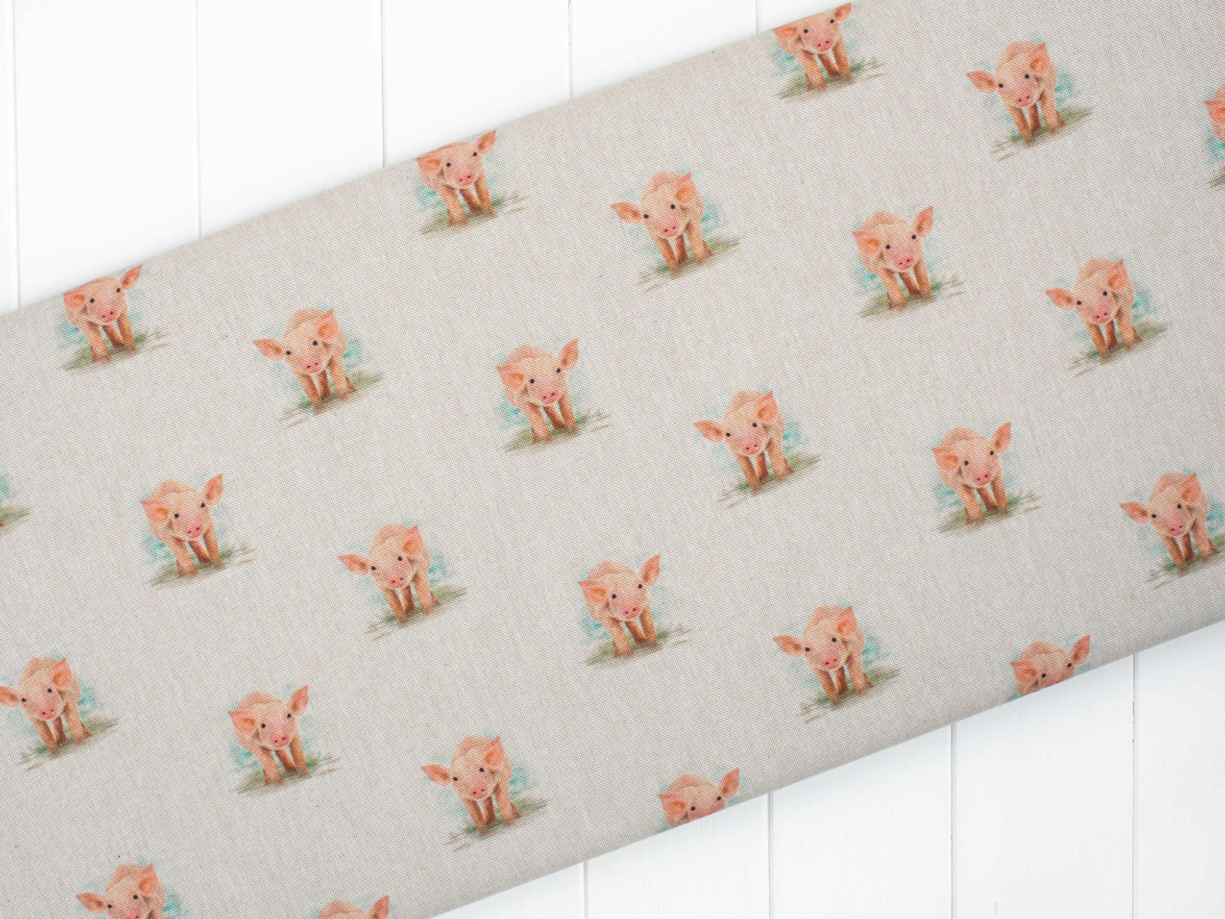 digitally printed pig on a cotton rich light upholstery fabric