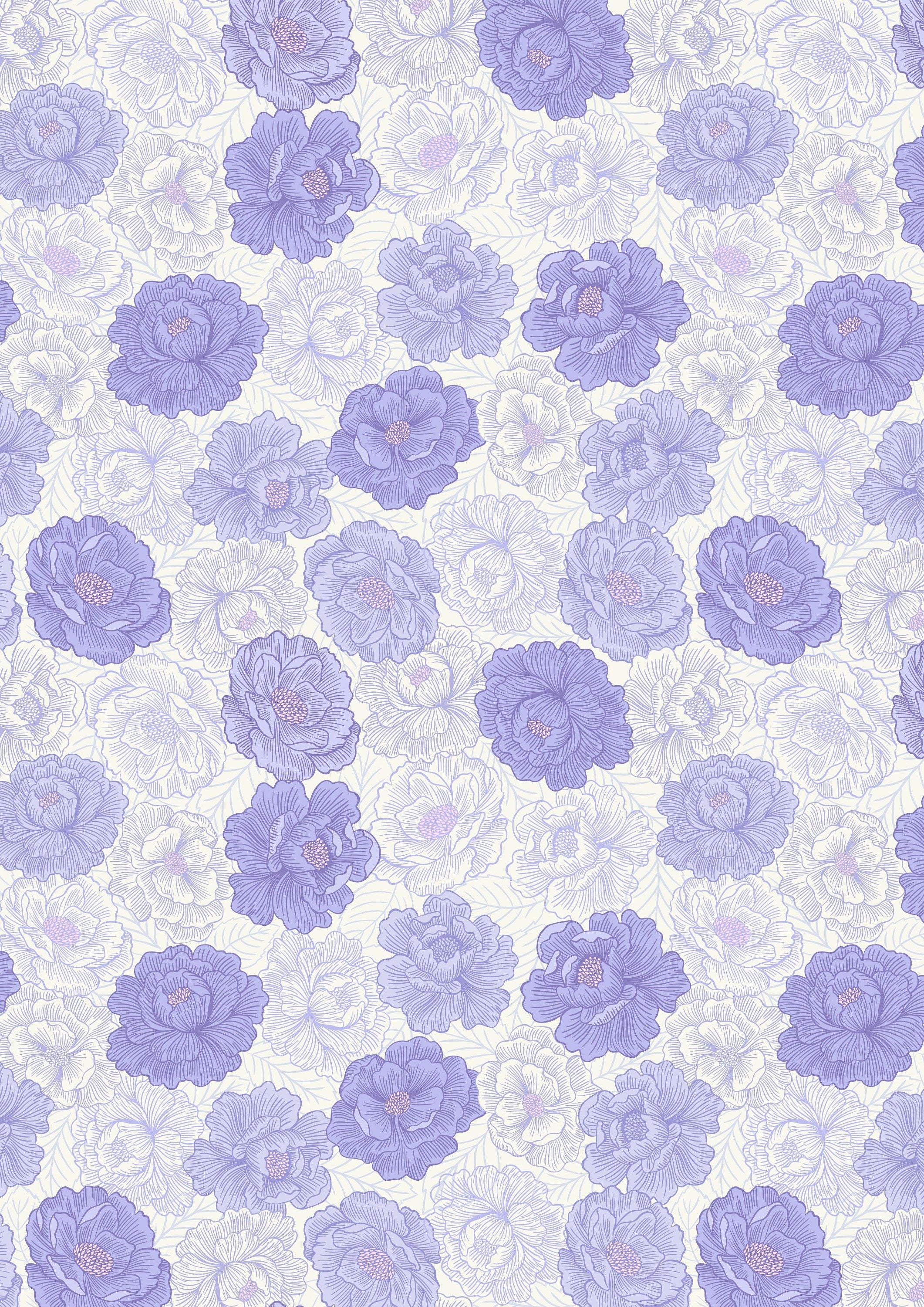 Pink Dahlia hearts on  purple cotton fabric - Love Blooms by Lewis & Irene