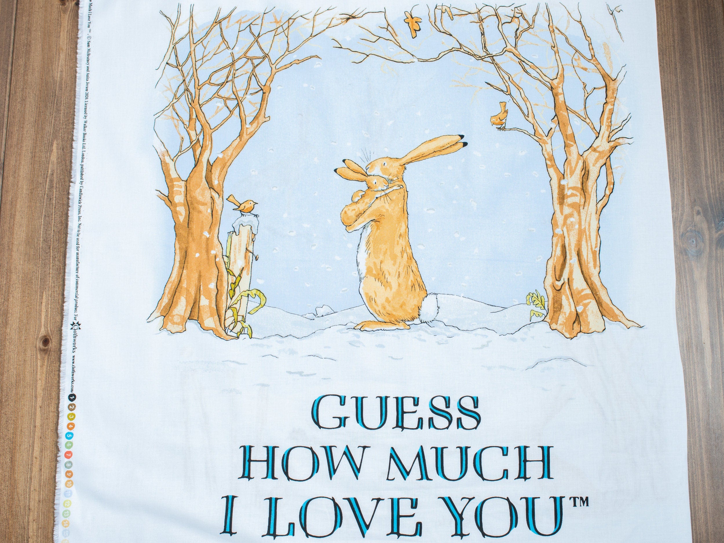 Cot nursery baby fabric panel 'Guess How much I love you' hare on white cotton  - Clothworks