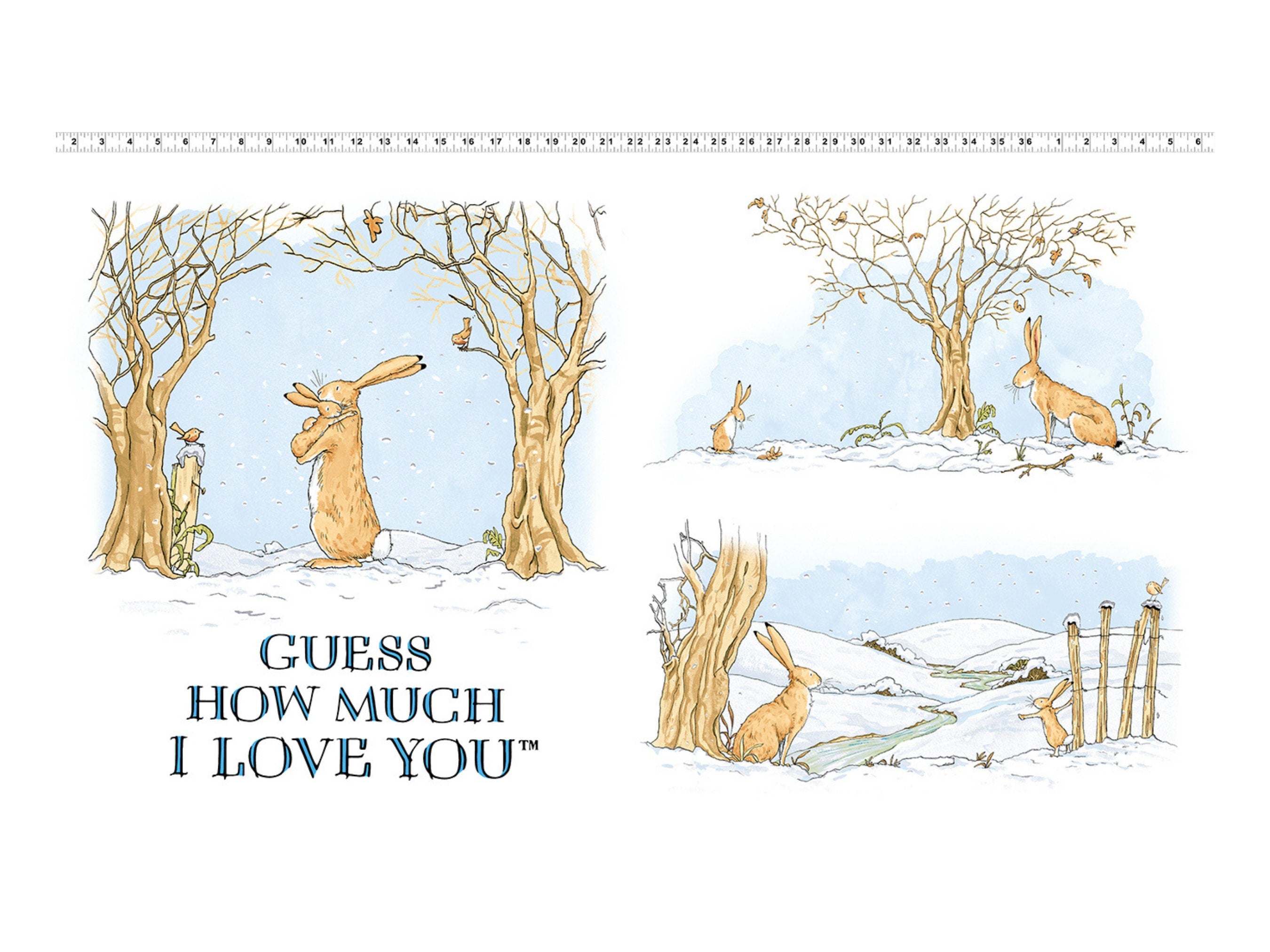 White cotton fabric with mother hare and child Guess How Much I Love You by Clothworks