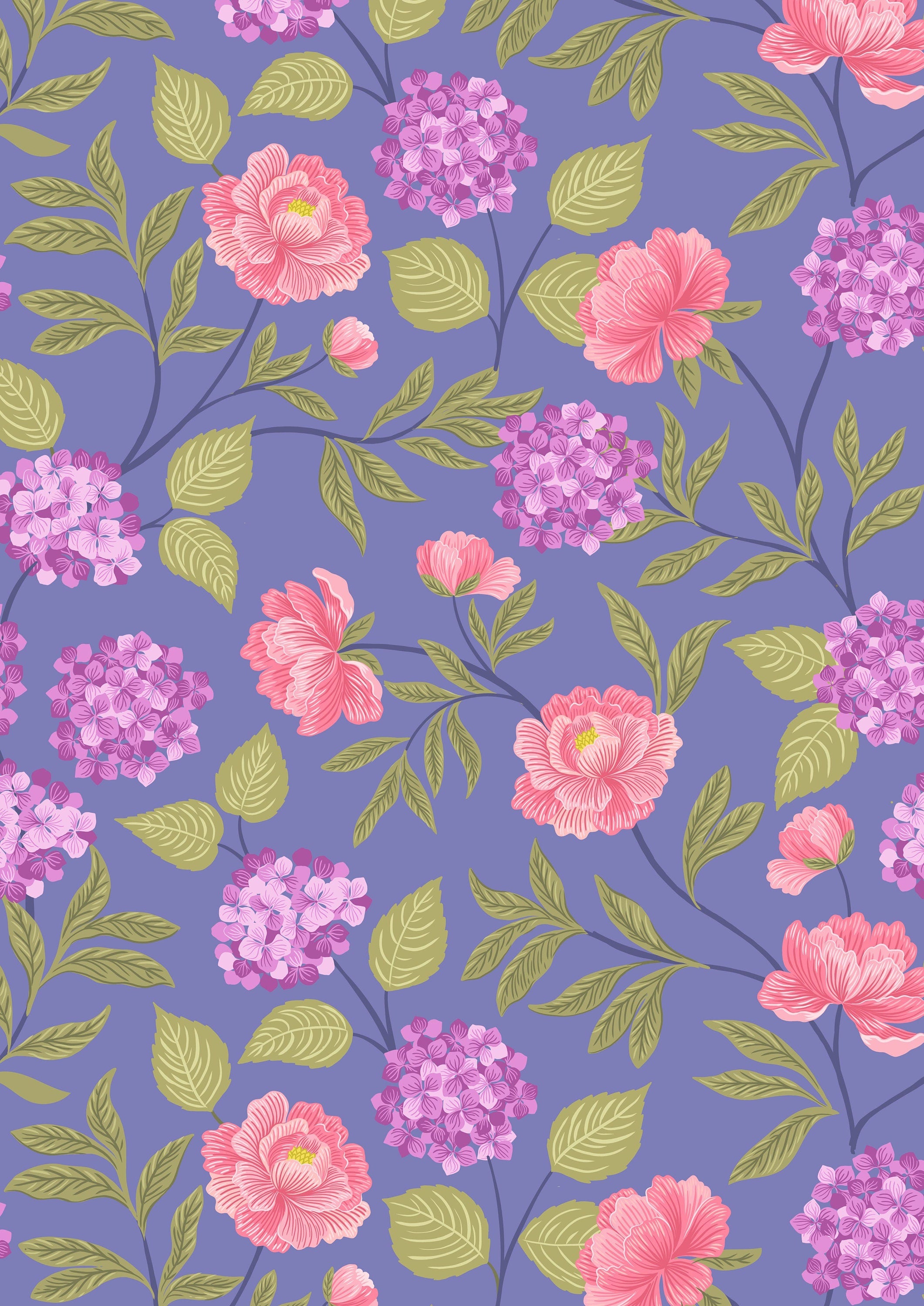 Pink Dahlia hearts on  purple cotton fabric - Love Blooms by Lewis & Irene