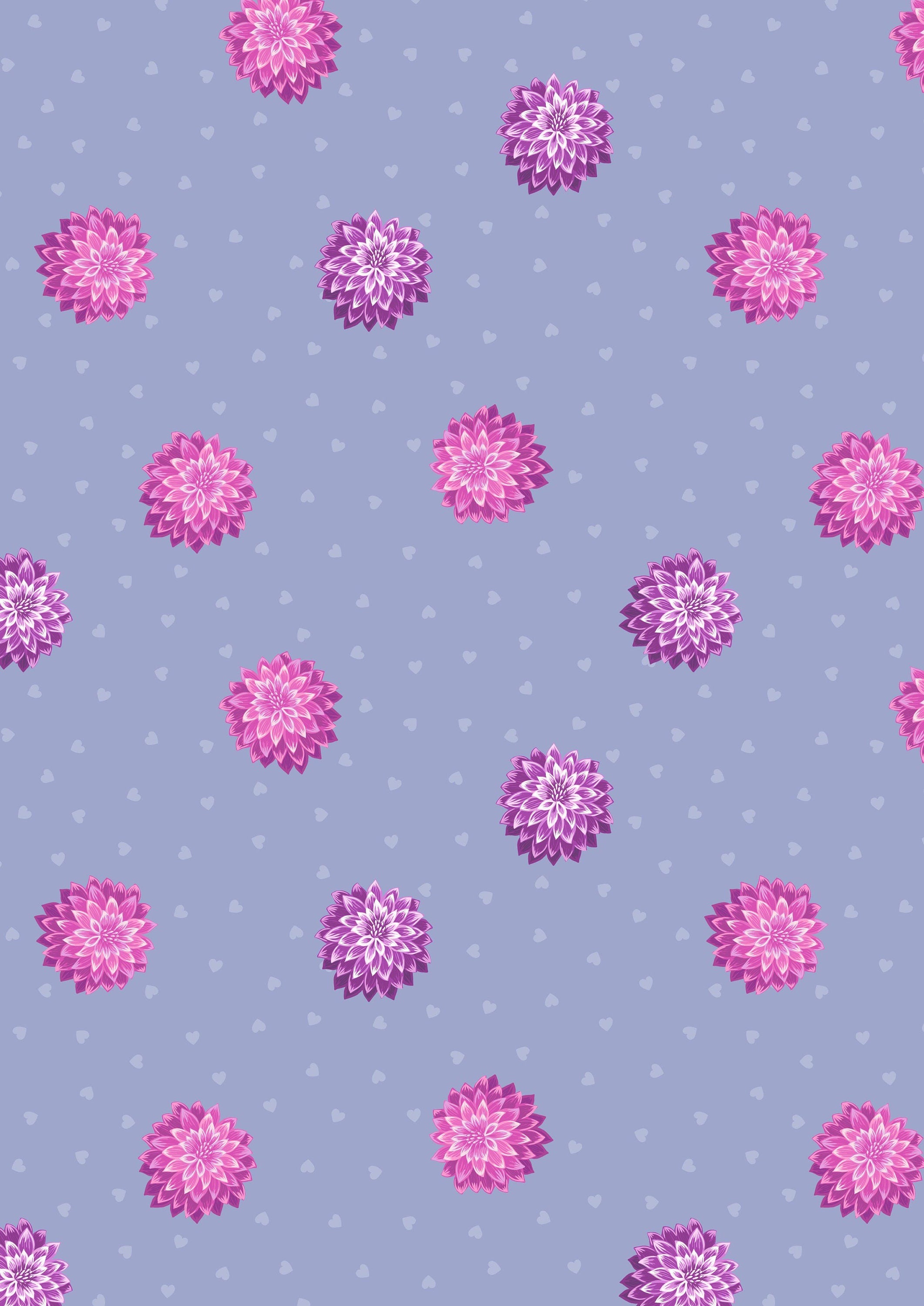Pink and purple dahlia hearts on blue purple cotton fabric - Love Blooms by Lewis and Irene