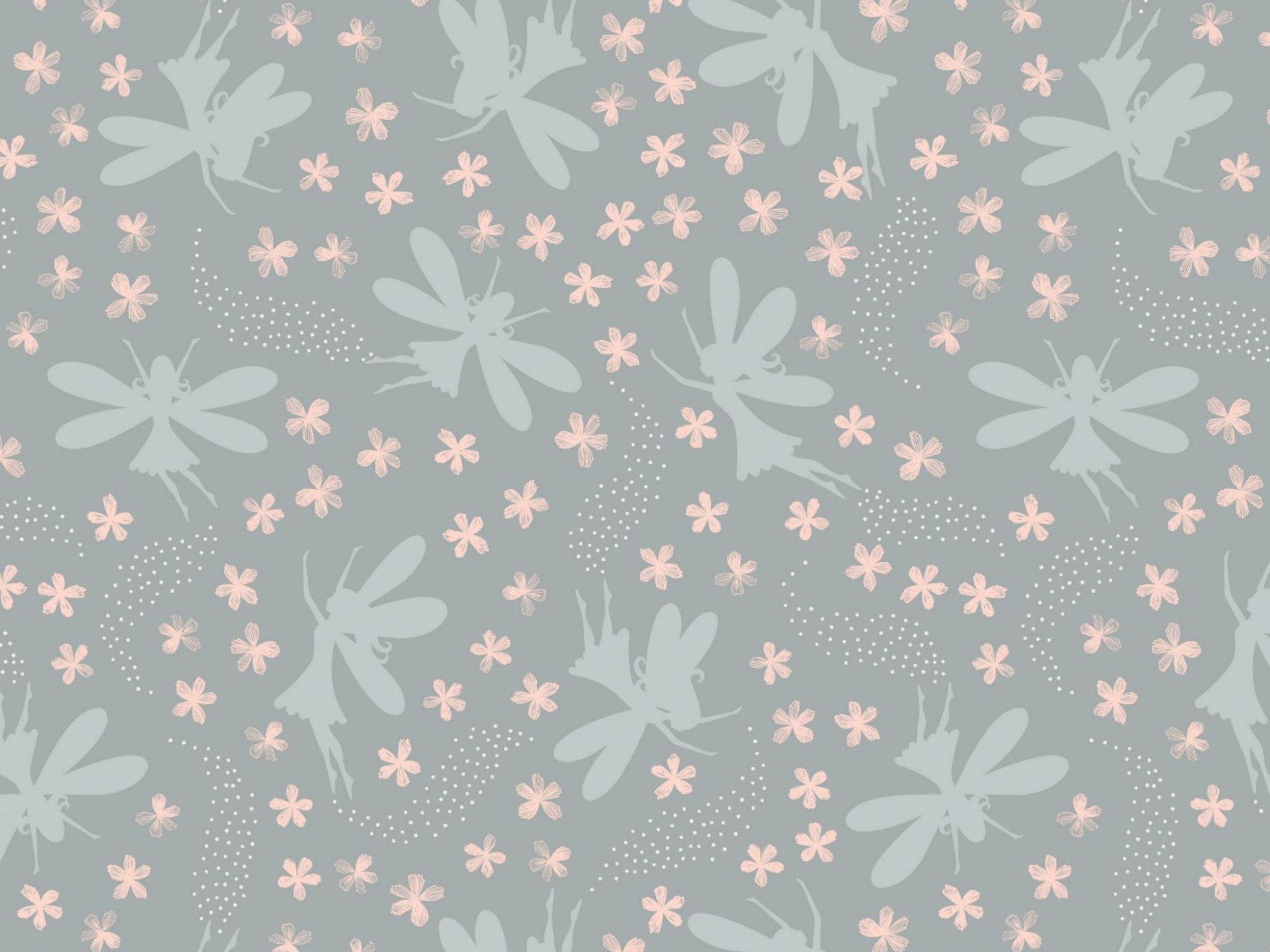 Fairies on a grey cotton fabric with pink flowers - Fairy Clocks by Lewis and Irene