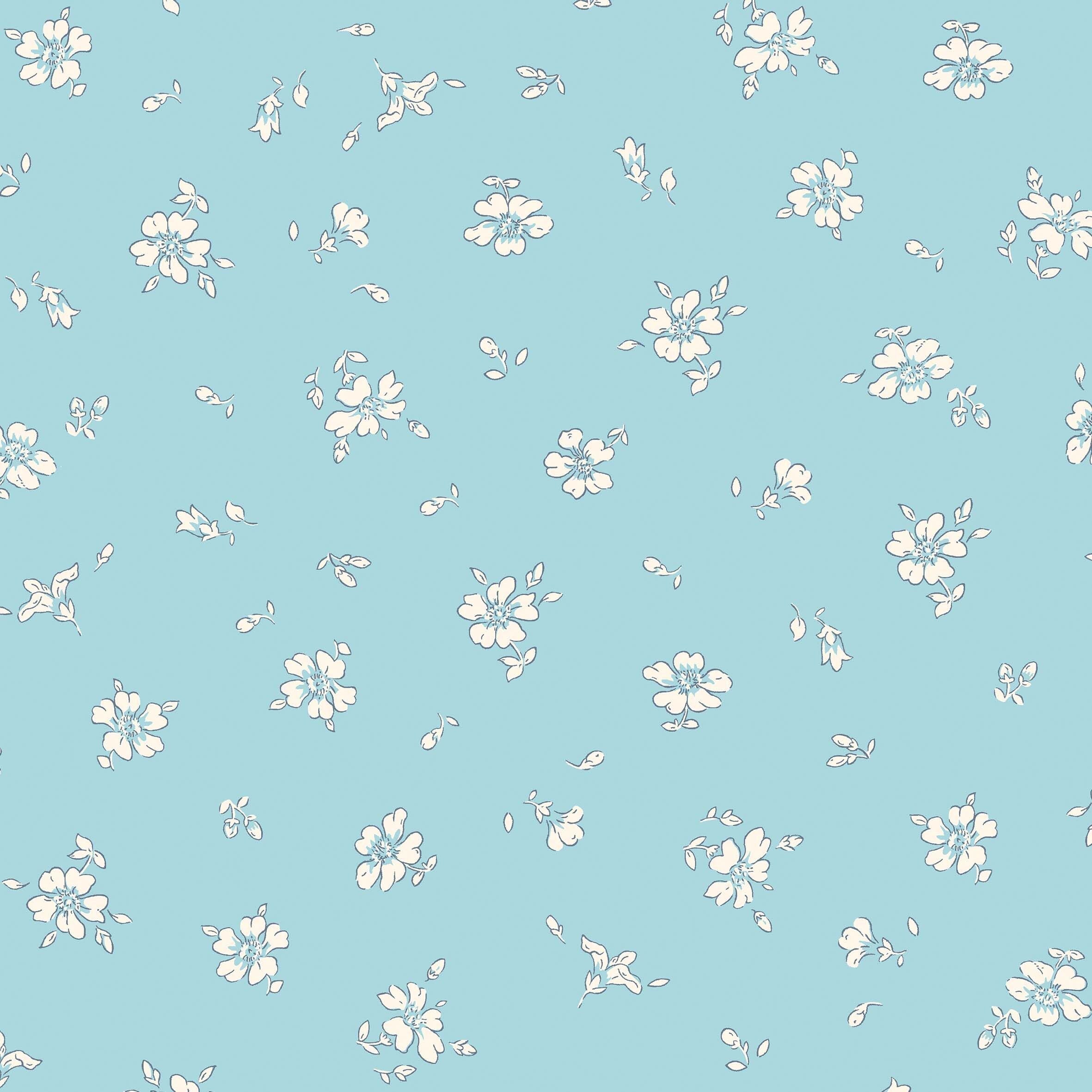 Delicate little white flowers on a blue cotton fabirc - 'Field Rose' Flower Show Midsummer cotton fabric by Liberty