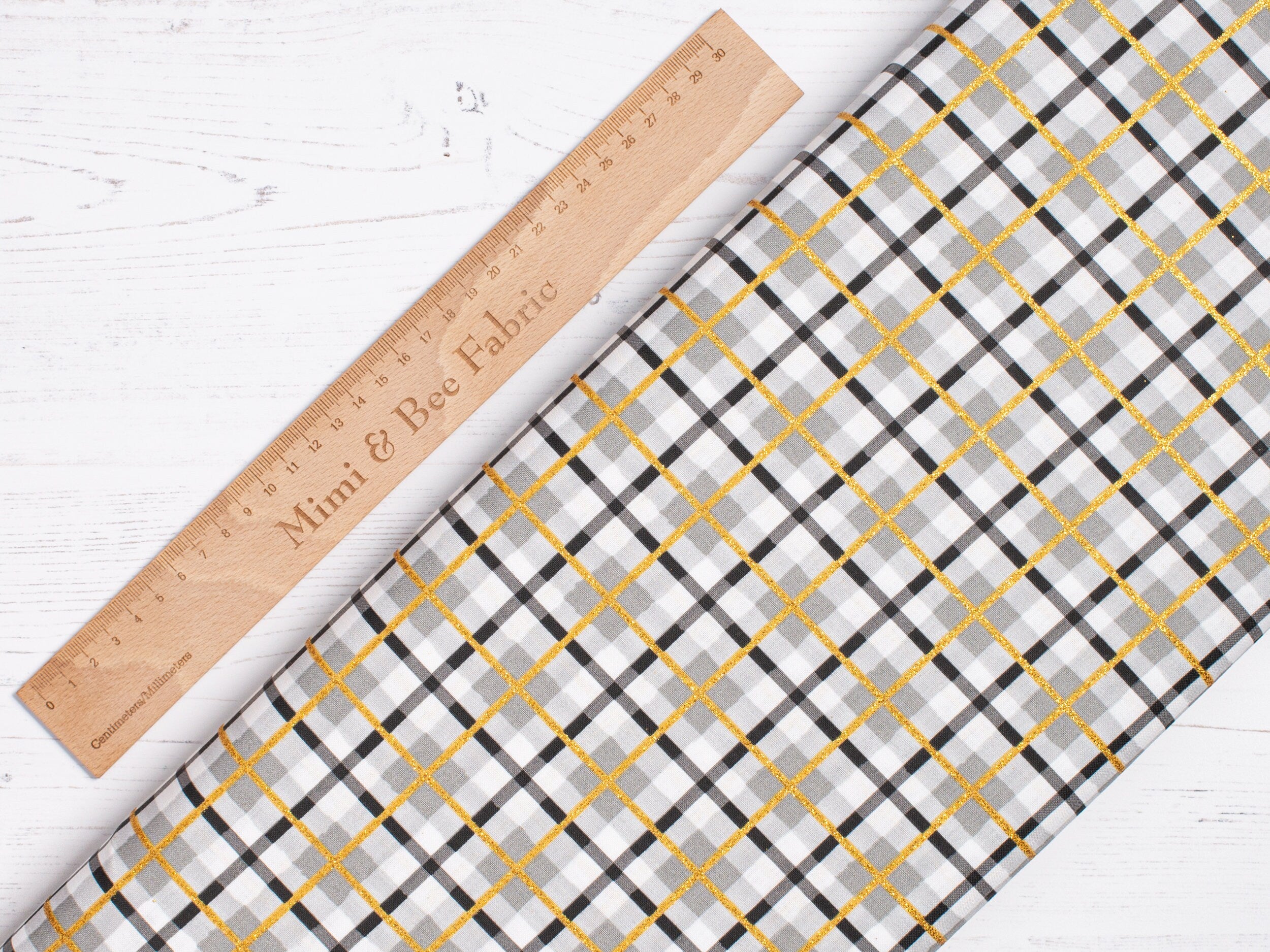 White, black and gold tartan plaid cotton fabric - 3 Wishes