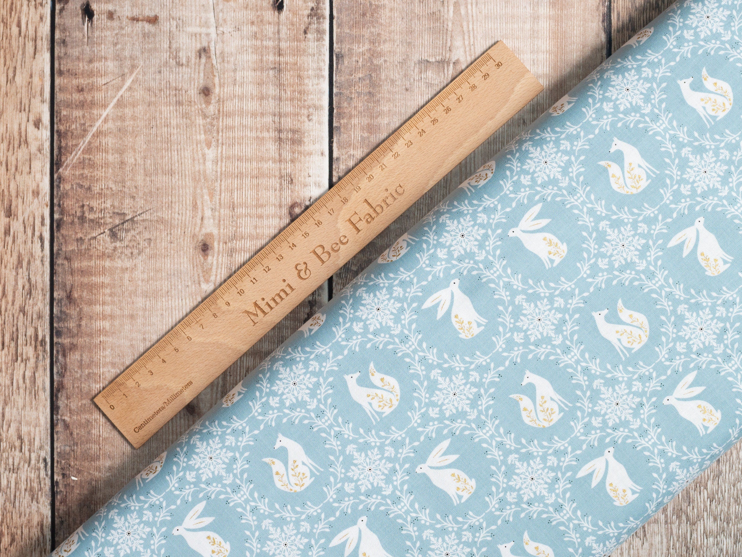 Doves on Bright Blue Gold elements scandi cotton fabric 'Starlit Hollow' - Dashwood Studio