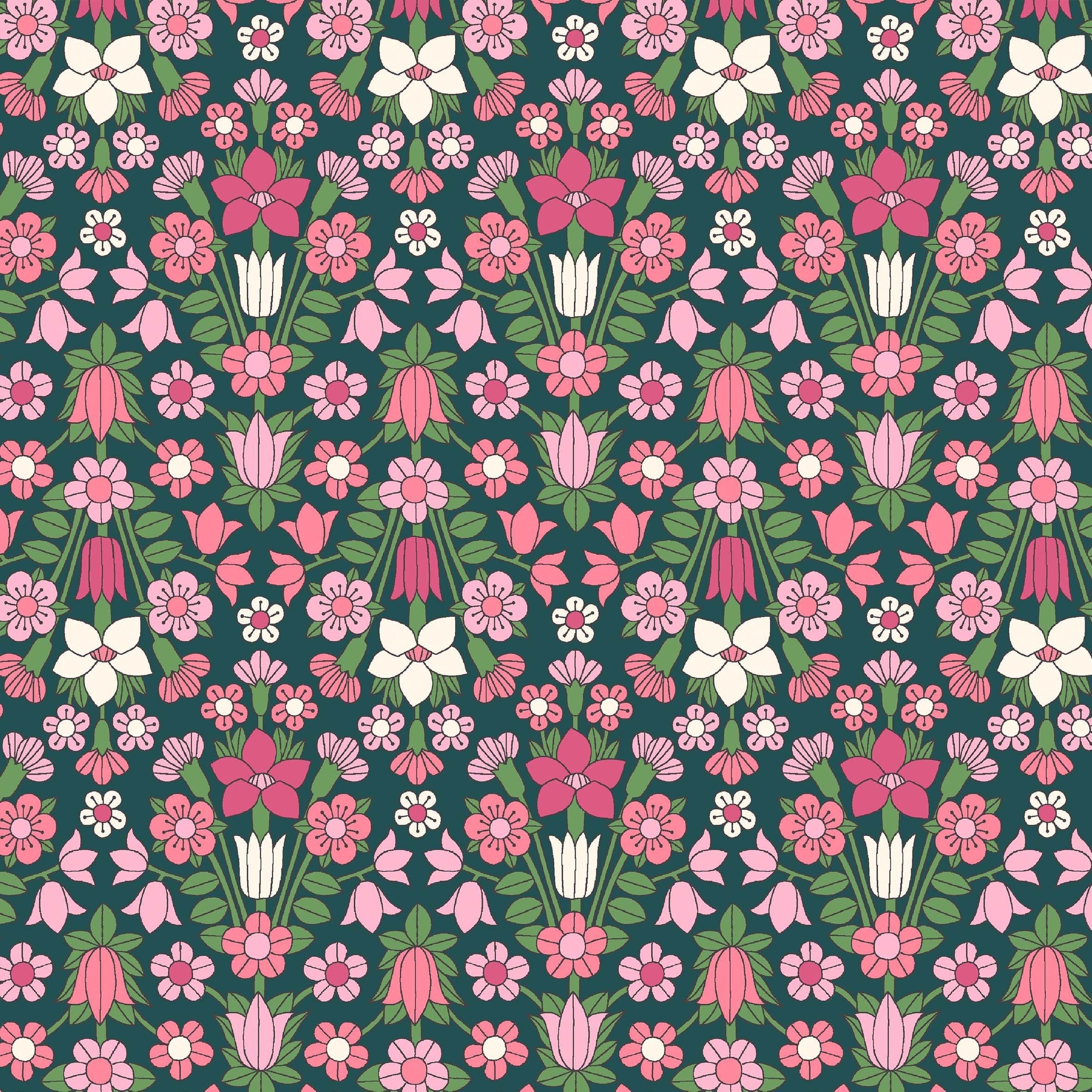 Pink and white flowers and green leaves on a 100% cotton fabric - 'HampsteadMeadow' Flower Show Midsummer by Liberty