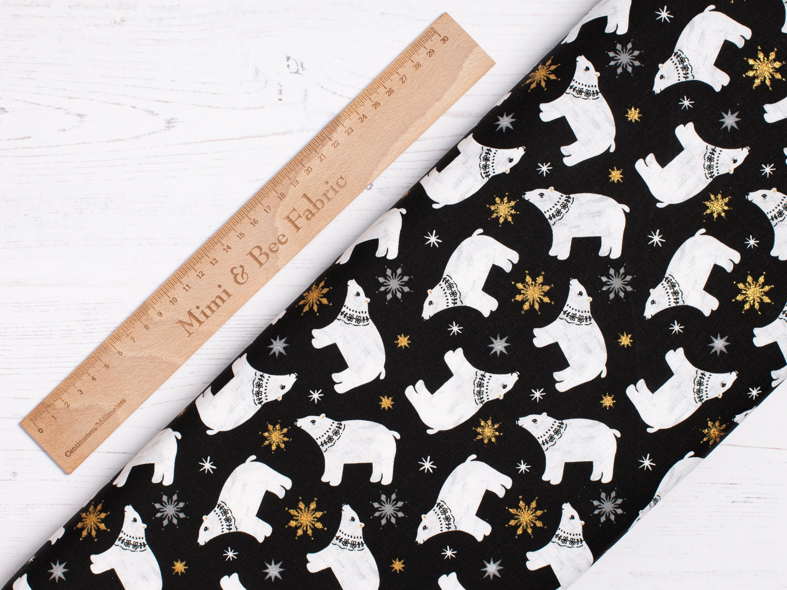 Polar bears on black and gold cotton fabric - 3 Wishes
