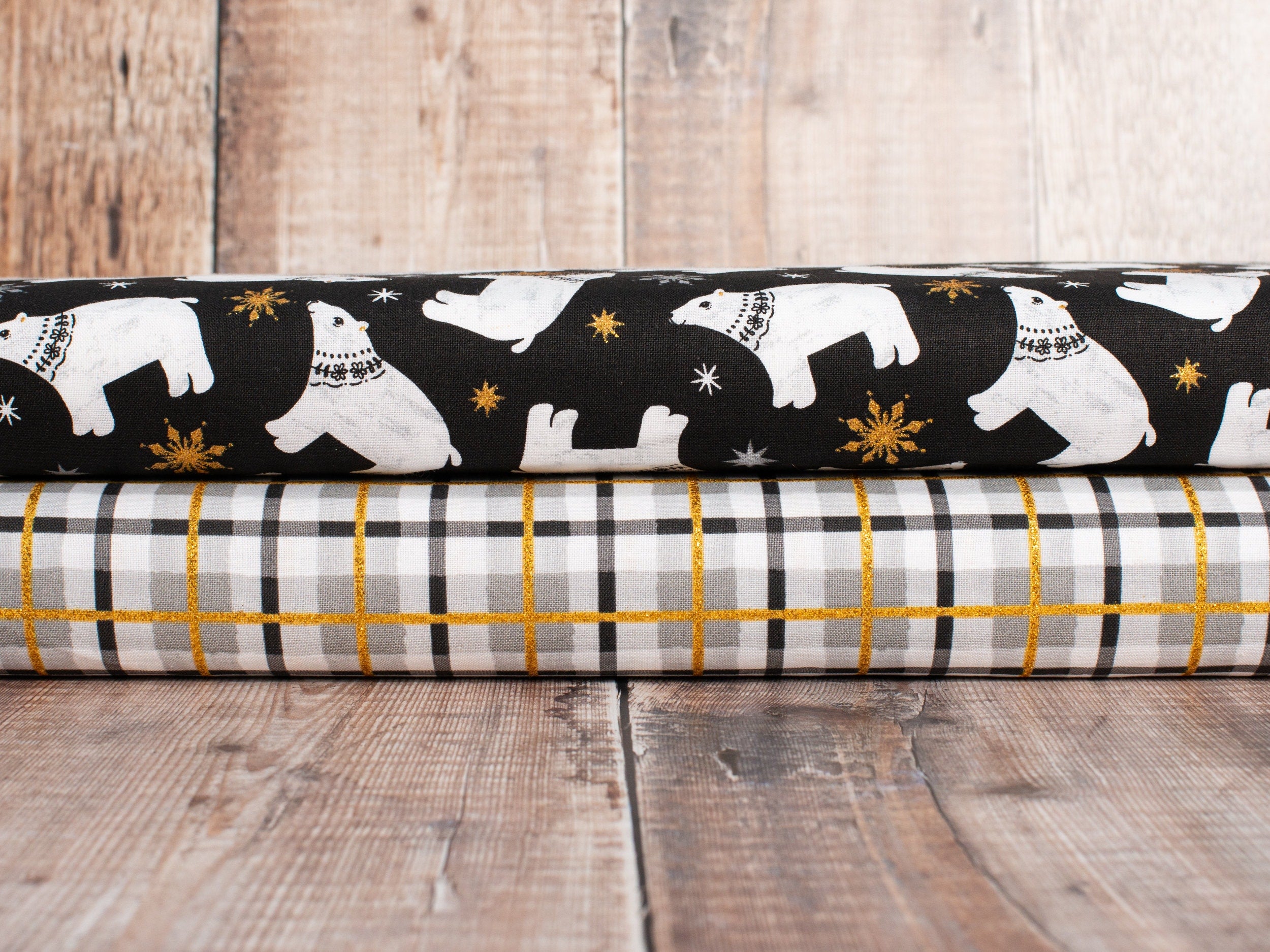 White, black and gold tartan plaid cotton fabric - 3 Wishes
