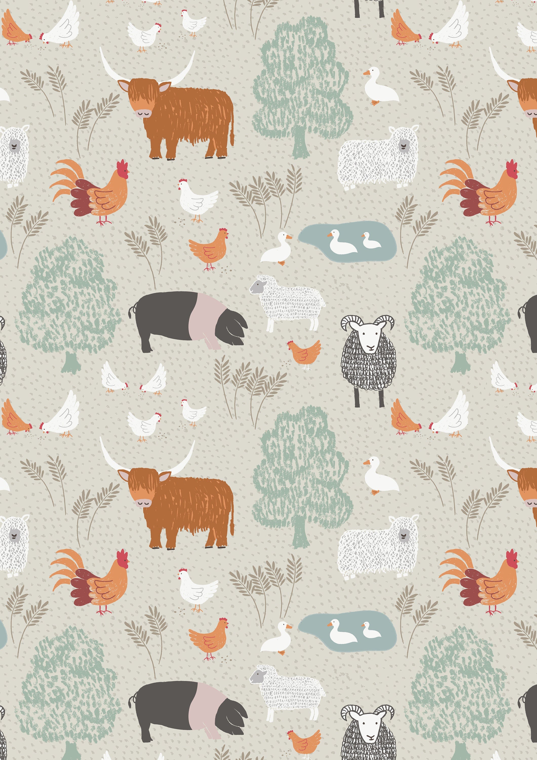 Chickens on light beige fabric - 'Country Life Reloved' Lewis & Irene