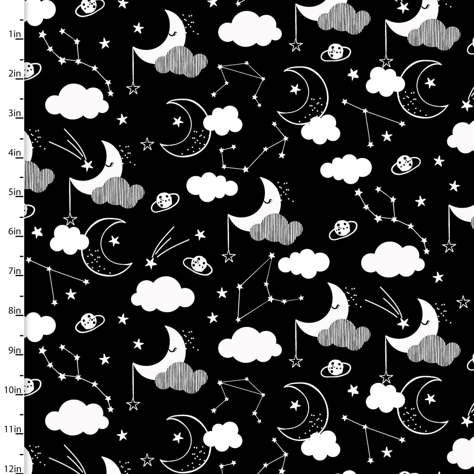 Black moon and stars nursery flannel cotton fabric - Night Sky by 3 Wishes