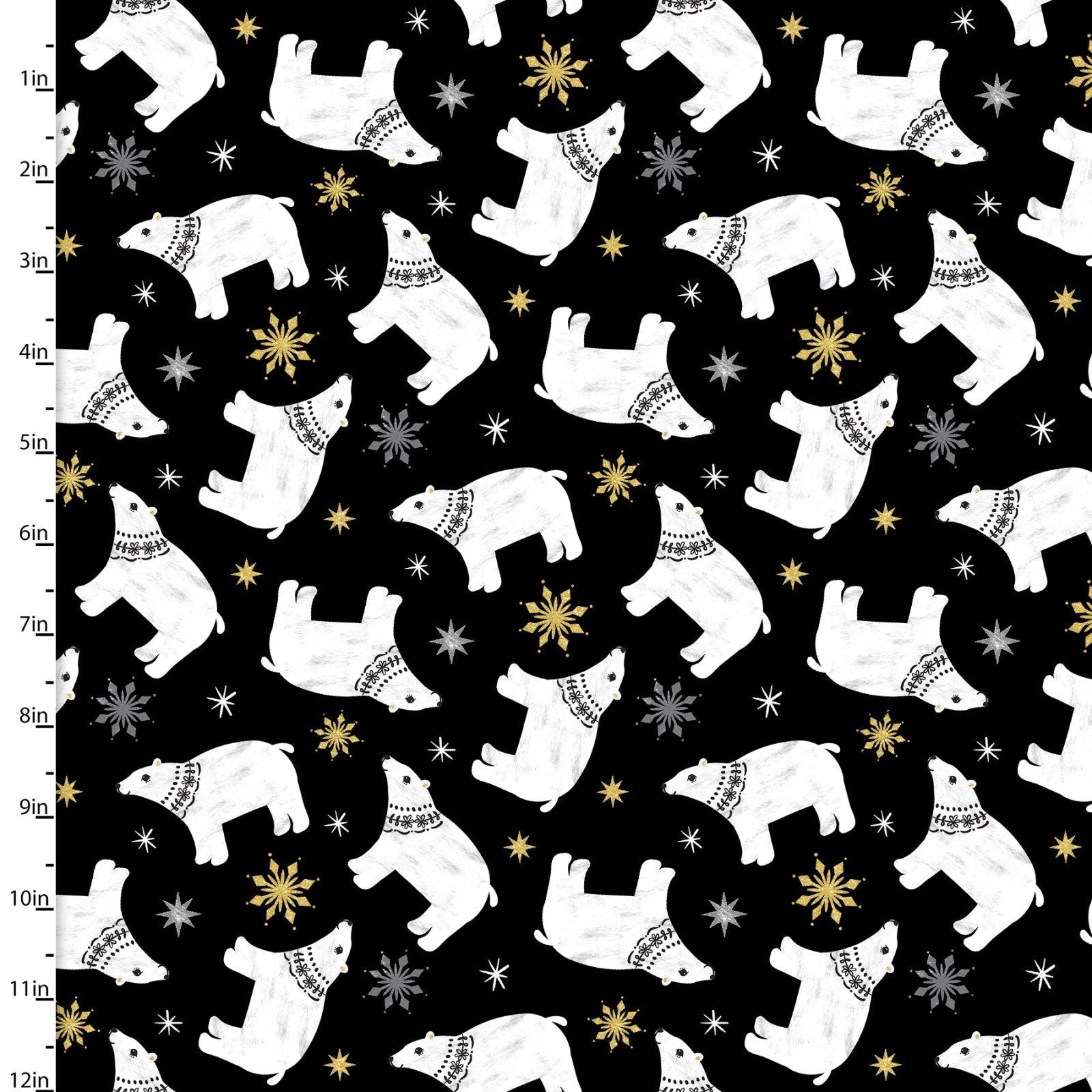 White polar bear on black cotton fabric with gold stars - 3 Wishes
