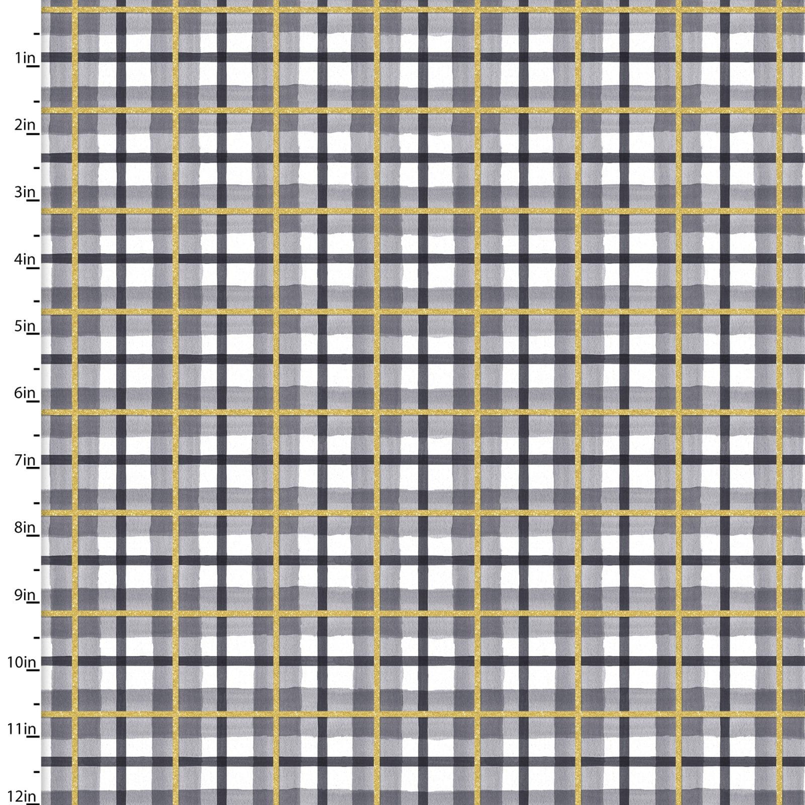 Black, white, grey and gold tartan 100% cotton fabric.