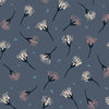 White and brown daisies on a dusky blue wide cotton fabric. Part of the Woodland Notions collection by Dashwood Studio