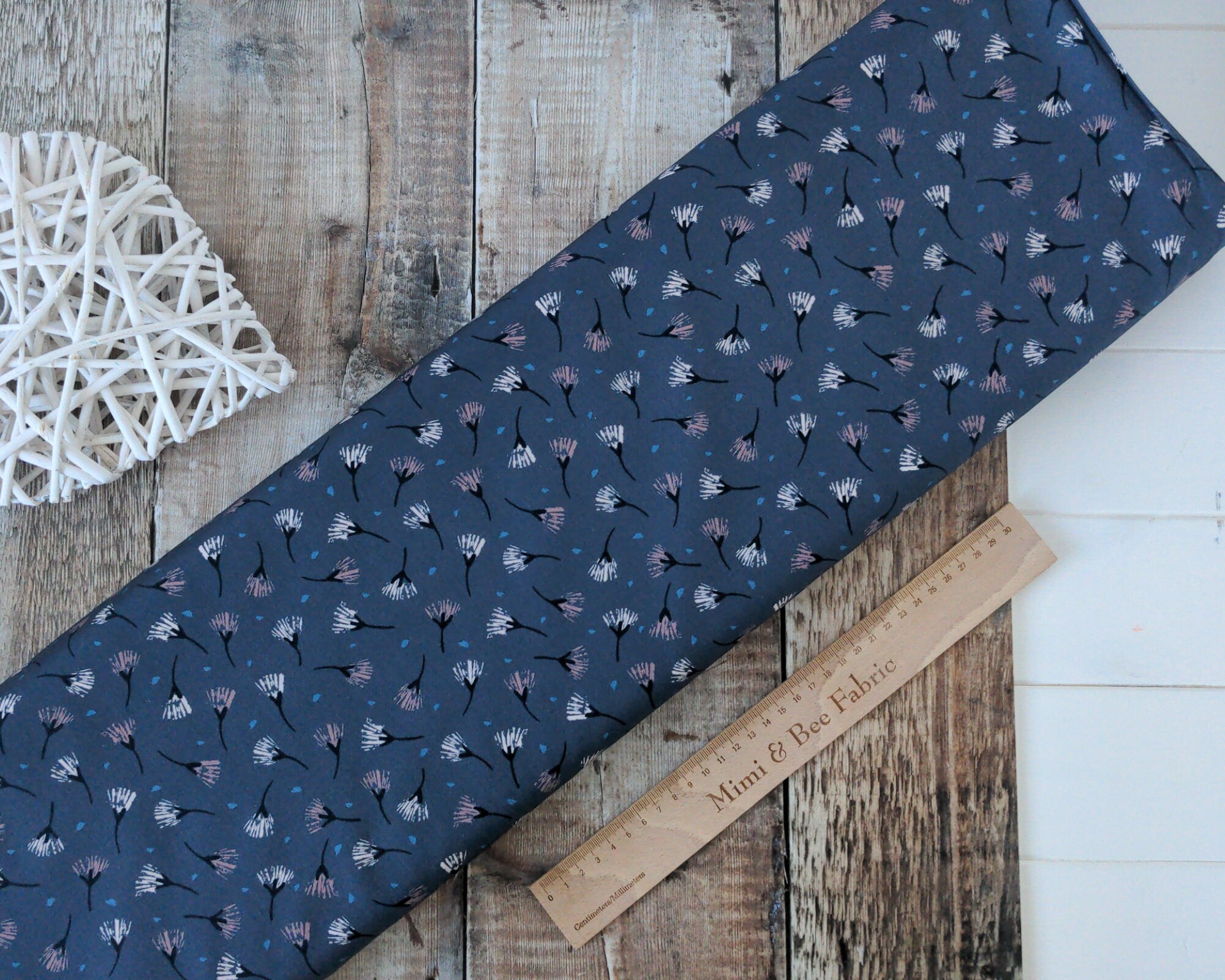 Blue daisy floral autumnal wide cotton fabric - Woodland Notions by Dashwood Studio