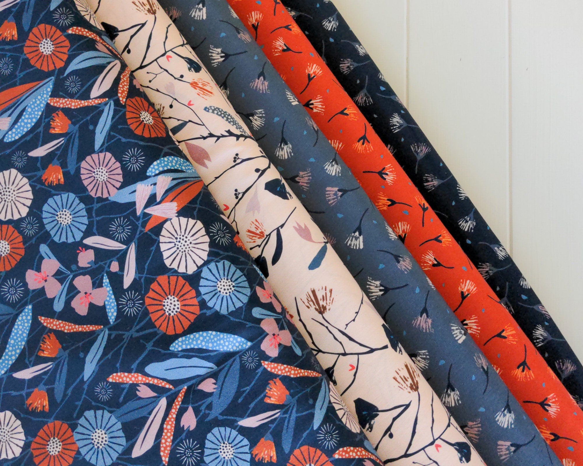 Navy floral autumnal wide dressmaking cotton fabric - Woodland Notions by Dashwood Studio