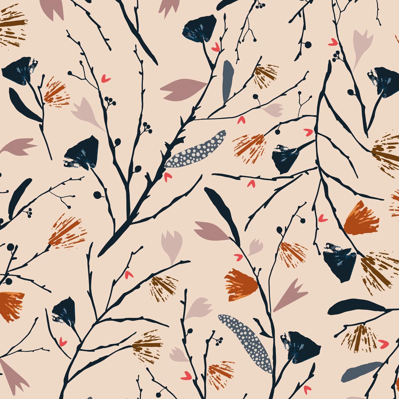 Navy and rust autumnal plants on cram cotton fabric - Woodland notions by Dahswood Studio