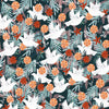 White doves, leaves and oranges on a navy cotton fabric - Spice by Dashwood Studio