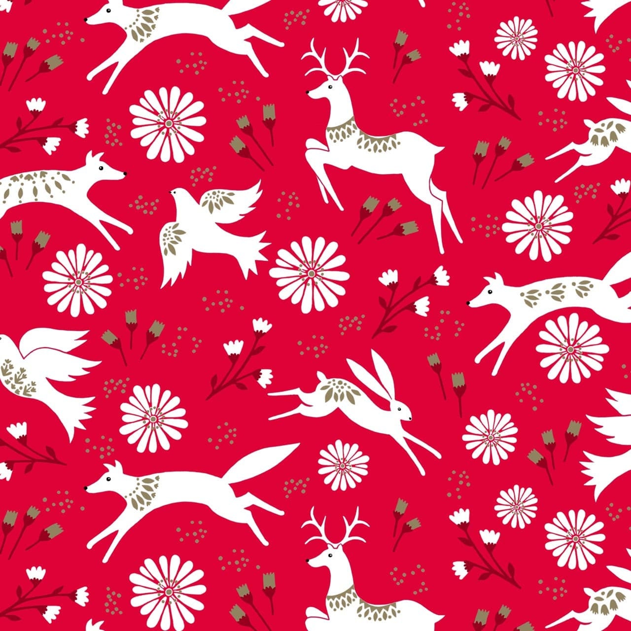 Scandi hare, dove, wolf and reindeer run in the woods on a red cotton fabric - Starlit Hollow - Dashwood Studio