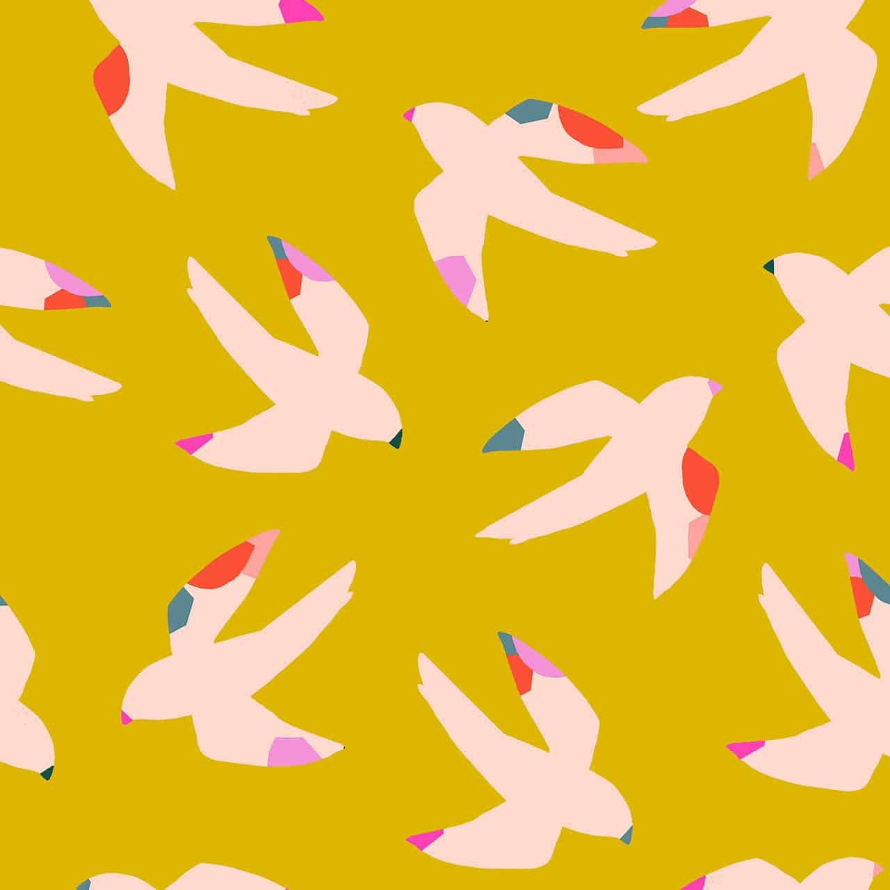 Pale pink flying bird silhouette on mustard yellow rayon fabric