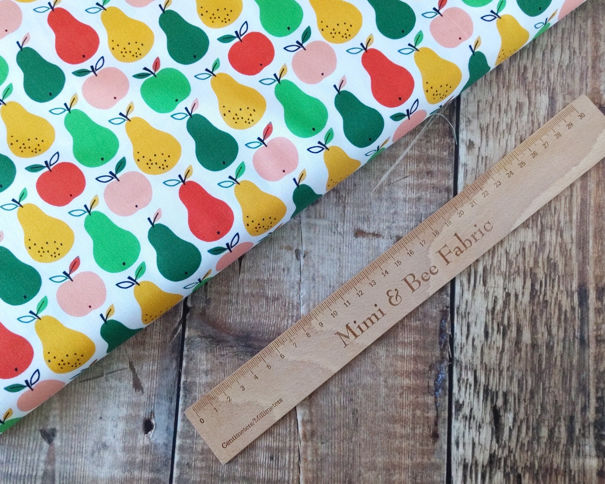 Apples and pears on white cotton fabric - Acorn Wood by Dashwood Studio