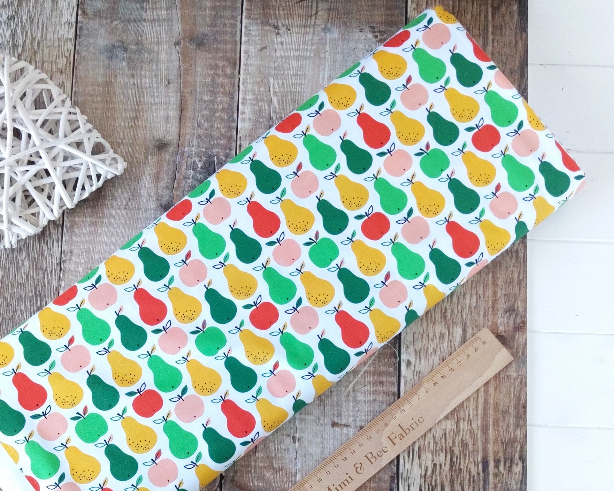 Apples and pears on white cotton fabric - Acorn Wood by Dashwood Studio