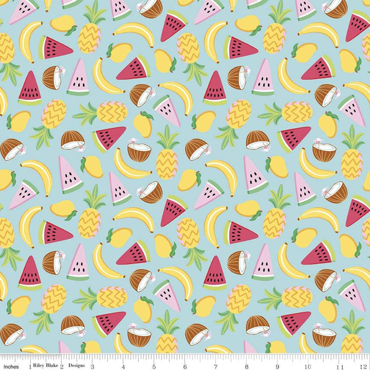 Lemons, pineapples, melons and coconuts, tropical fruit cotton fabric - Rainbow Fruits by Riley Blake