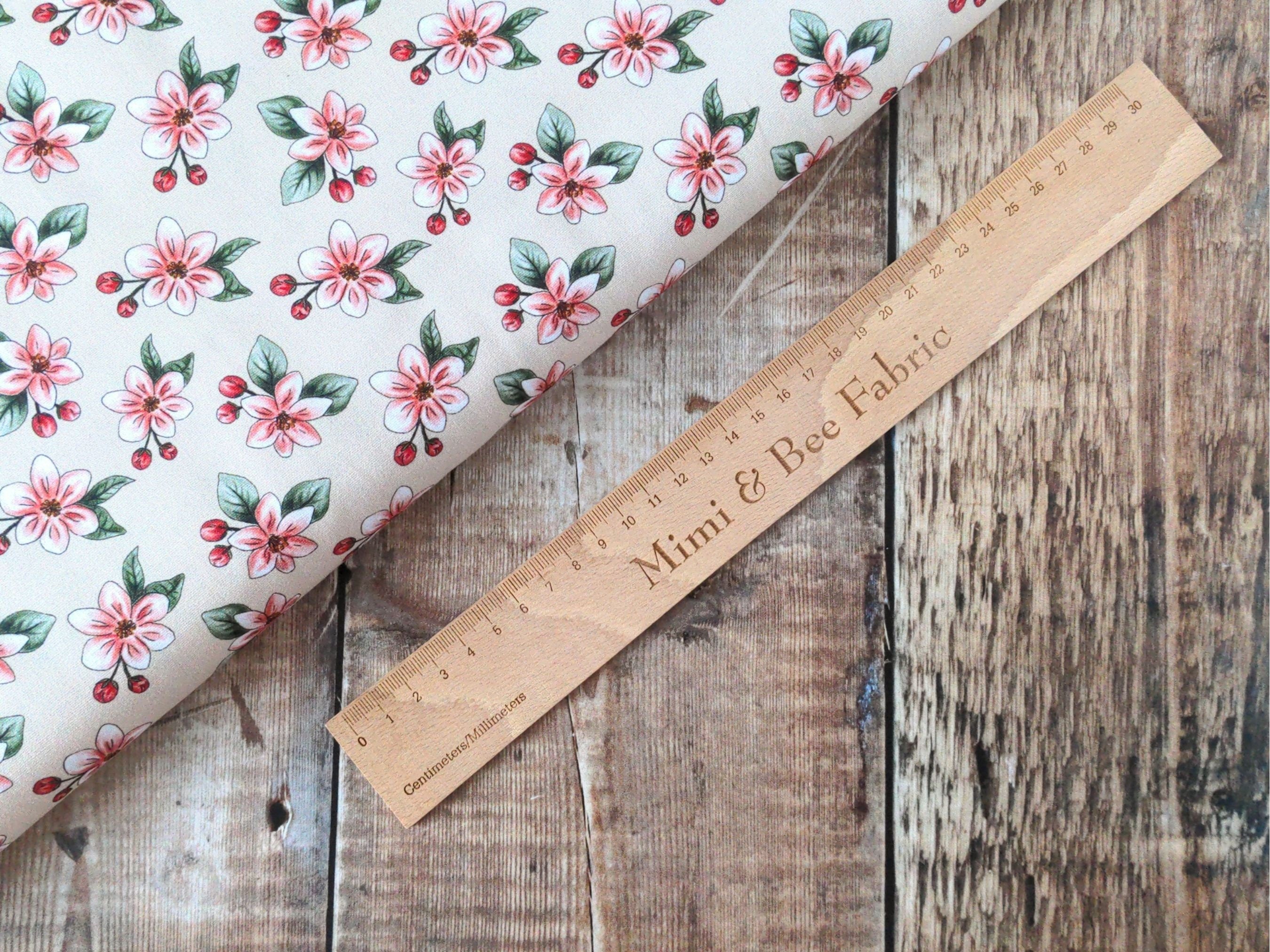 Apple blossom on beige wide cotton fabric