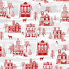Winter wonderland village with snowmen, reindeer and sleighs. Red and white theme 100% cotton fabric.