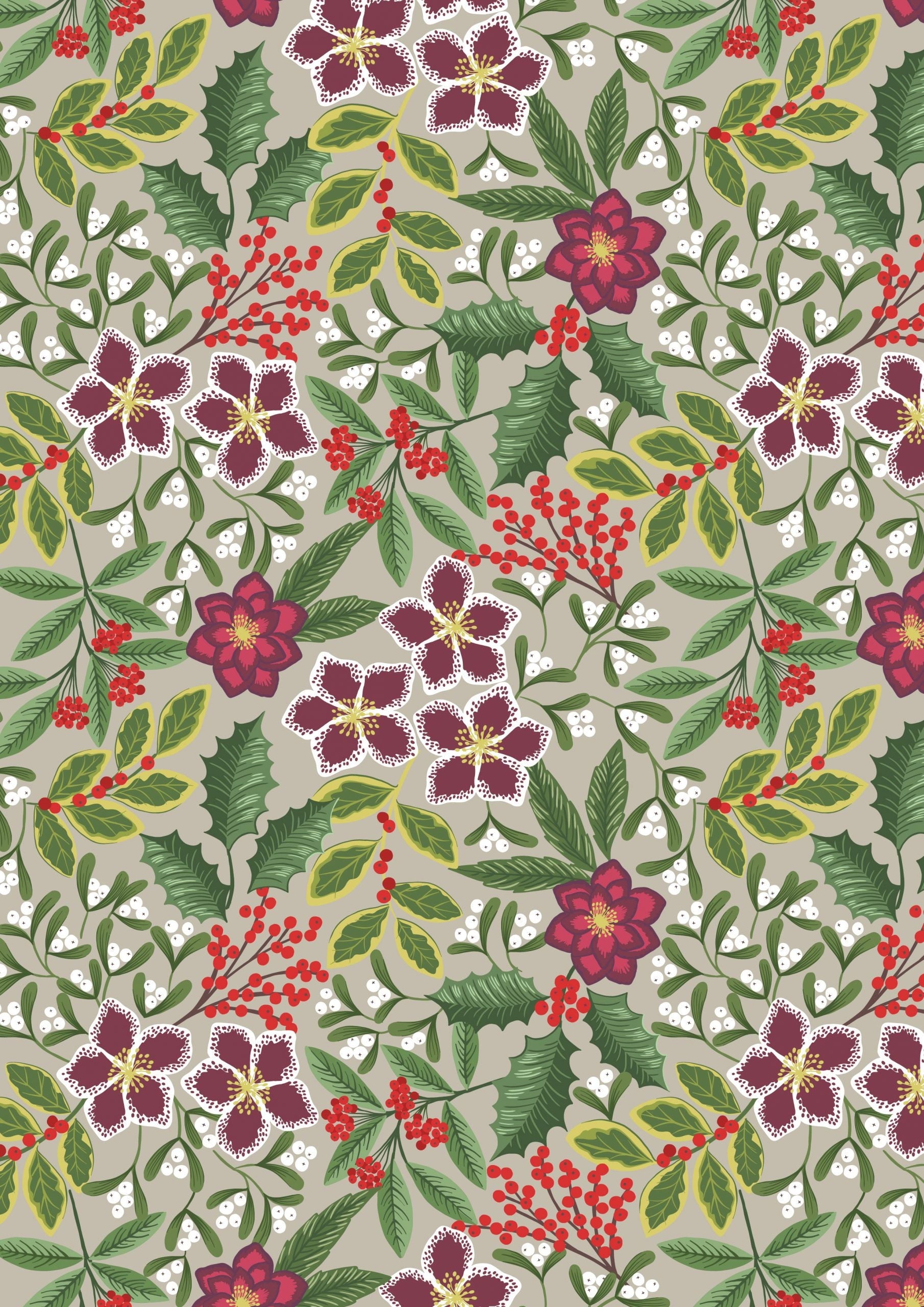 Red poinsettias, red and white berries, green leaves and holly on beige 100% cotton fabric.