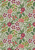 Red poinsettias, red and white berries, green leaves and holly on beige 100% cotton fabric.