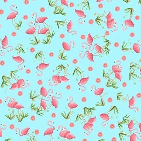 Turquoise blue cotton fabric with pink flamingos. Part of the Lets Flamingle collection by Blank Quilting