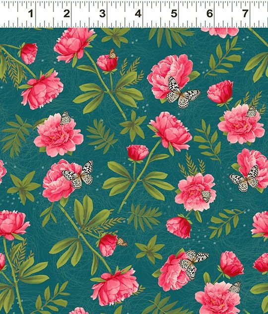 Turquoise striped 'Peacock Garden' 100% cotton fabric - Clothworks