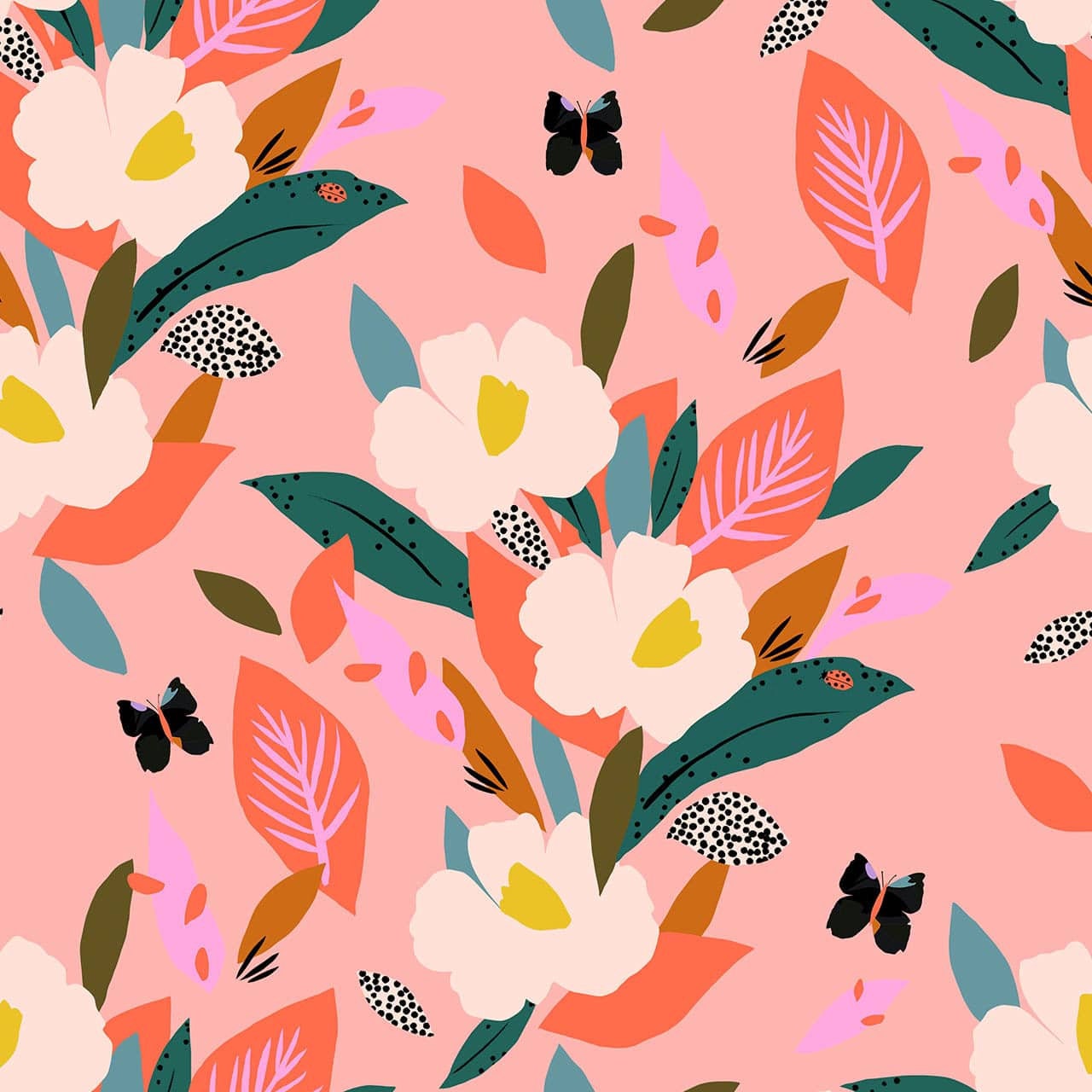 peach pink floral dressmaking rayon fabric with butterflies - Bold by Dashwood Studio