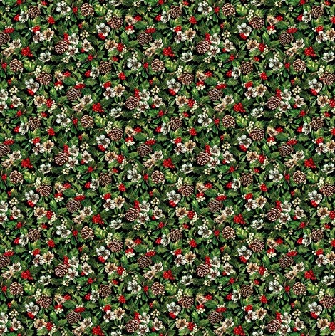 Green leaves, pine cones, red berries and white flowers 100% cotton fabric.