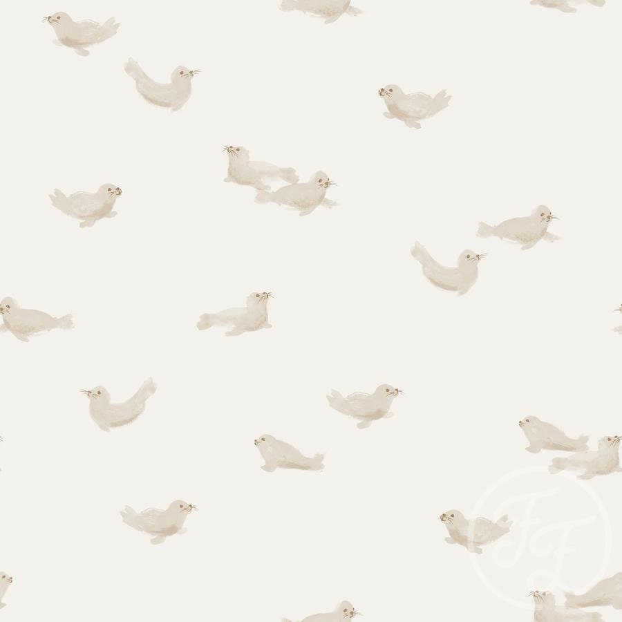 Baby seals on white cotton stretch jersey - Family Fabrics